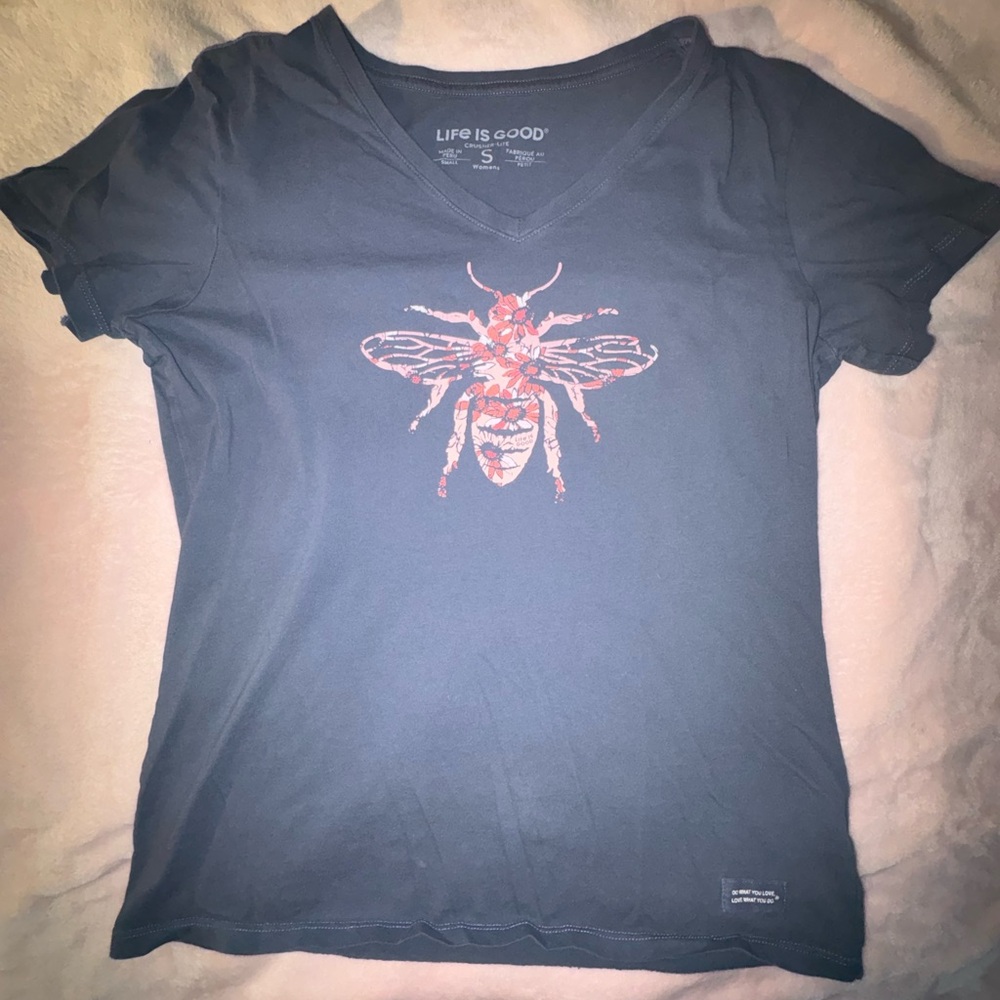 Life Is Good Navy V-Neck Bee Tee with Red Floral Bee